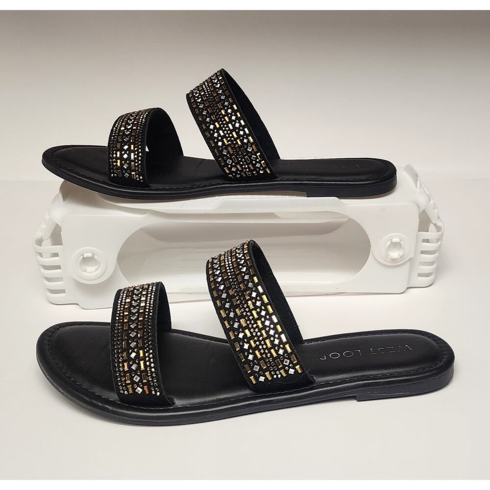 West Loop Women's Black Embellished Flat Open Toe Sandal Shoes Size 7/8